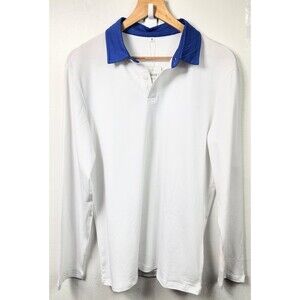 Tuoweey Men's White Blue Cotton Long Sleeve Polo Top  M